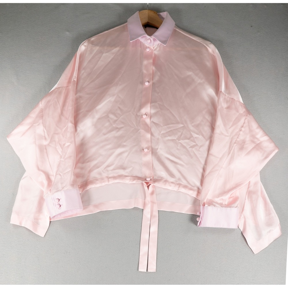 Emporio Armani Silk Satin Blouse Pink Cropped Drawstring Button Up Shirt